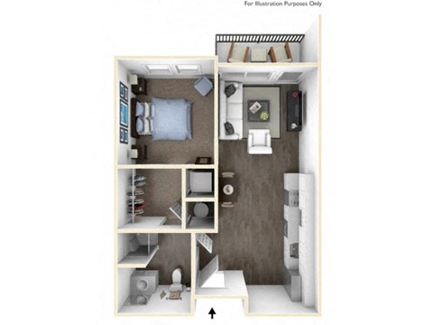 Floor plan for 1 bed, 1 bath, 588 sqft